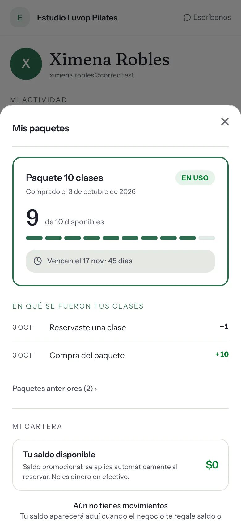 La clase se descuenta sola de su paquete.