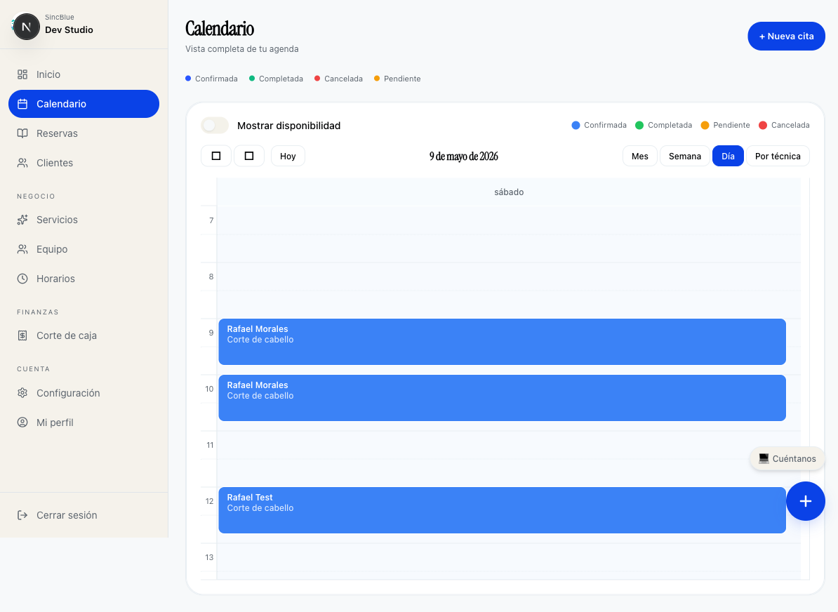 Calendario de SincBlue mostrando la agenda del día
