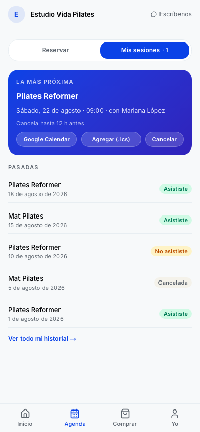 Portal del cliente en SincBlue mostrando su agenda e historial